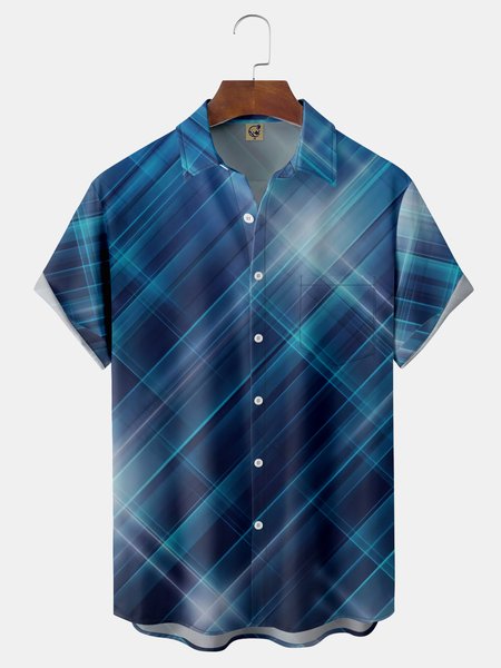 

3D Geometric Chest Pocket Short Sleeve Casual Shirt, Blue, Men Shirts