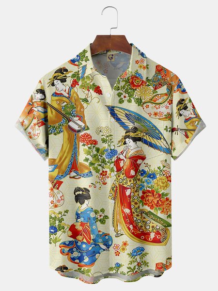 Japanese Ukiyoe Beauty Chest Pocket Short Sleeve Hawaiian Shirt, Khaki, Men Shirts