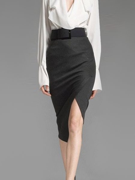 

Plain Elegant Tight No Elasticity Midi Skirt, Black, Skirts