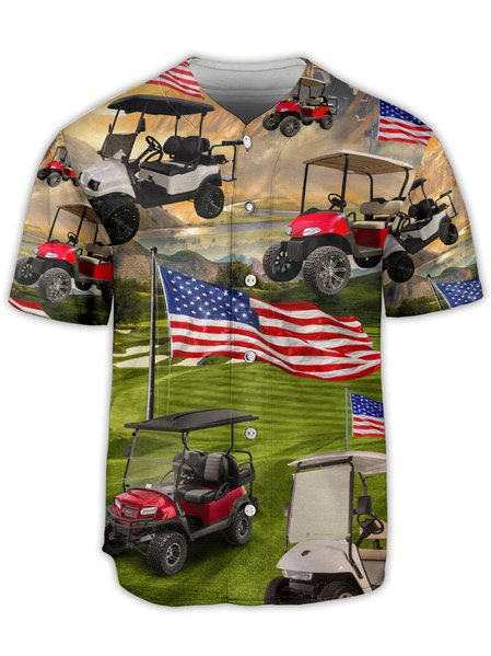 

American Flag Golf Short Sleeve Baseball Shirt, Khaki, Baseball Shirts