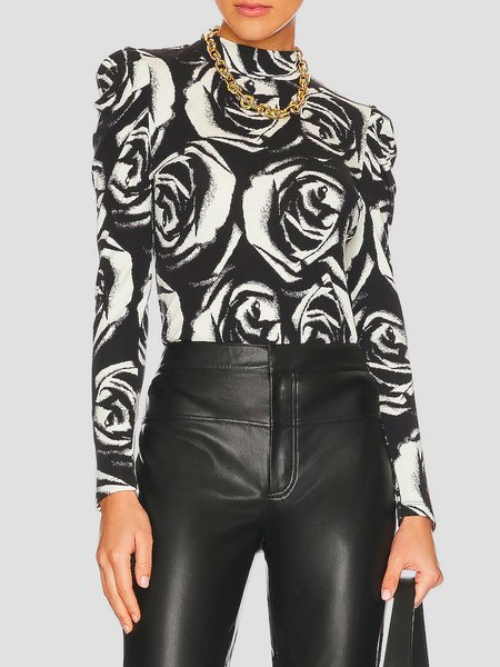 

Stand Collar Regular Fit Elegant Floral T-Shirt, Black, Tees