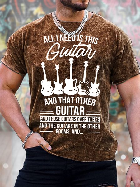 Men's All I Need Is Guitar And That Other Guitar Funny Love Music Graphic Print Casual Text Letters Loose Crew Neck T-Shirt, Brown, T-shirts