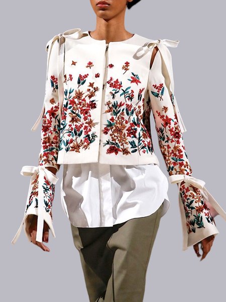 

Crew Neck Elegant Regular Fit Floral Jacket, White, Jackets