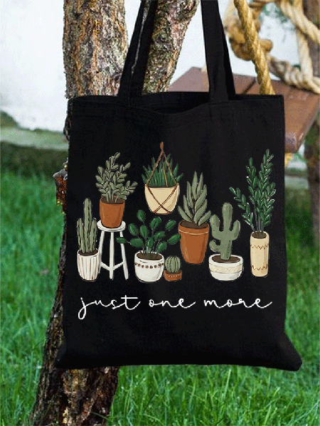 Plant Lover Just One More Plant Casual Loose Shopping Tote, Black, Bags