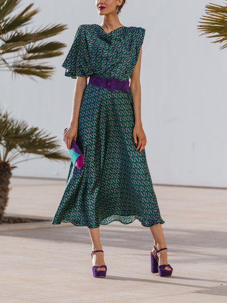 

V Neck Geometric Elegant Regular Fit Half sleeve Dress, As picture, Midi Dresses