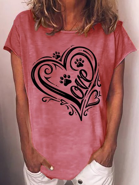 

Women's Love Heart Paw Print Casual T-Shirt, Red, T-shirts