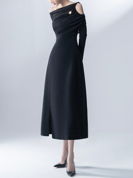 

Plain Elegant Asymmetrical Knitted Dress, Black, Midi Dresses