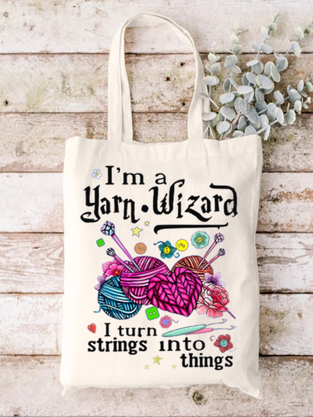 I Am A Yarn Wizard Shopping Tote, White, Bags