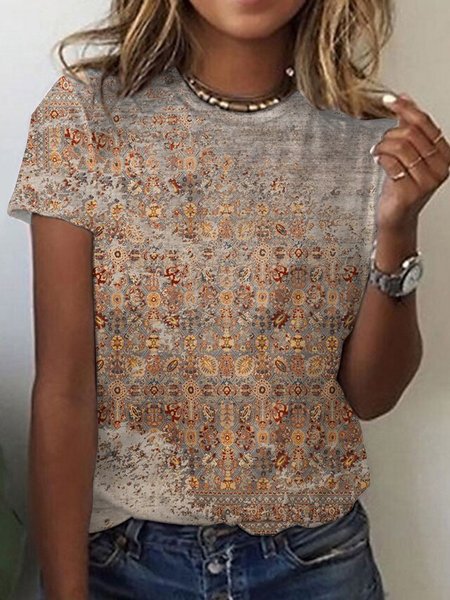 

Ethnic Loose Crew Neck Casual T-Shirt, Brown, T-Shirts