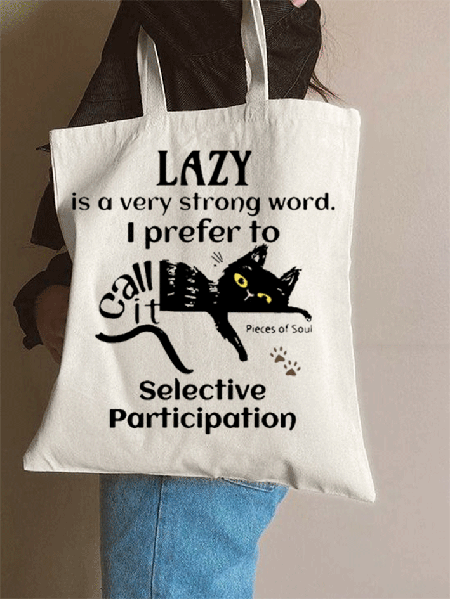 

Lazy Is A Very Strong Word funny Cat Shopping Tote, White, Bags