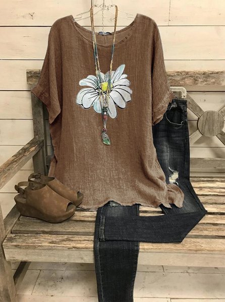 

JFN Summer Big Round Neck Casual Retro Small Daisy Printed Floral Loose Top, Brown, T-Shirts