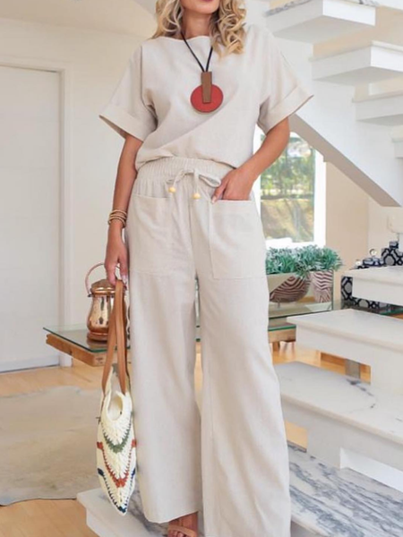

Crew Neck Cotton Casual Loose Two-Piece Set, Khaki, Suits