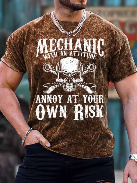 

Men's Mechanic With An Attitude Annoy At Your Own Risk Funny Graphic Print Loose Skull Crew Neck Casual T-Shirt, Brown, T-shirts