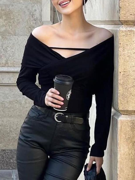 

Plain Elegant Regular Fit Cold Shoulder Top, Black, Linen Tops