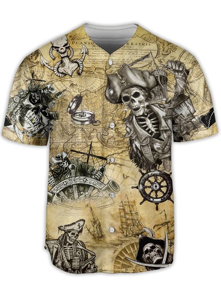 

Pirate Skull Short Sleeve Baseball Shirt, Khaki, Baseball Shirts