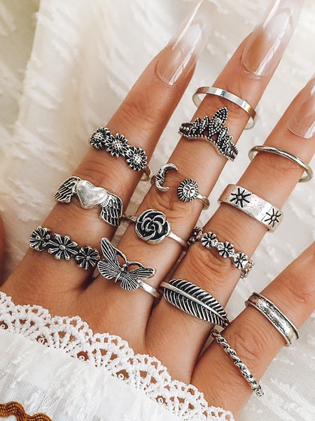 

14Pcs Bohemian Vintage Distressed Floral Butterfly Pattern Ring Set Beach Vacation Jewelry, Silver, Rings