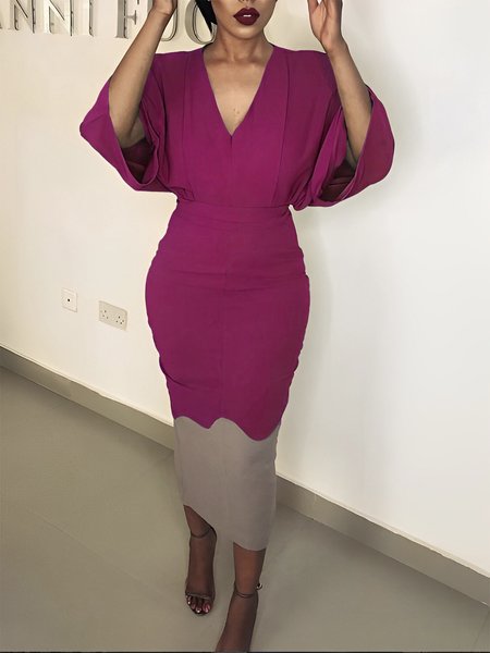 

Plain Regular Fit Elegant Half Sleeve Midi Dress, Rose red, Midi Dresses