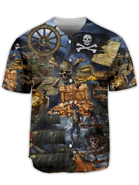 

Pirate Skull Short Sleeve Baseball Shirt, Blue, Baseball Shirts