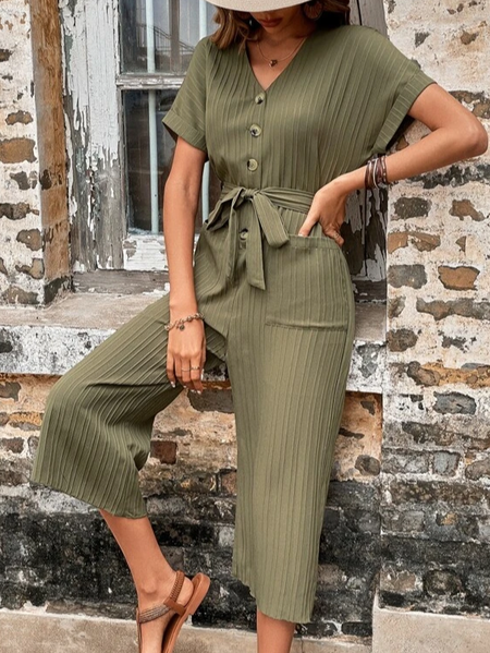 

Casual Cotton-Blend Plain Loose Jumpsuit & Romper, Green, Jumpsuits＆Rompers