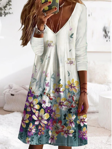 

Floral V Neck Casual Loose Dress, Multicolor, Dresses