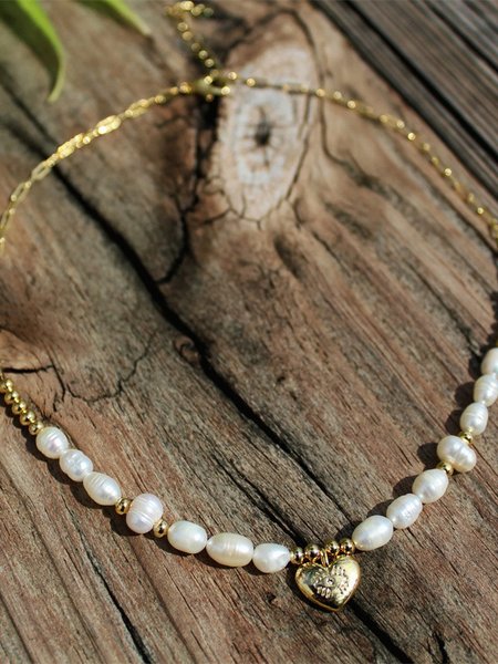 

Single Layer Vintage Beaded Heart Pendant Necklace Beach Vacation Jewelry, Golden, Necklaces