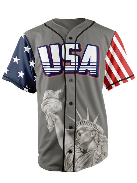 

American Flag Short Sleeve Baseball Jersey, Gray, Baseball Shirts