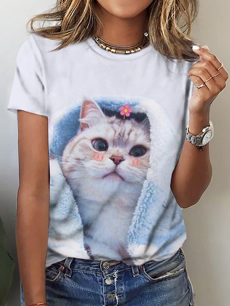 

Loose Casual Cat Crew Neck T-Shirt, Multicolor, T-Shirts