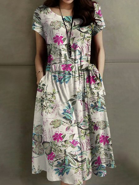 

Drawstring Casual Crew Neck Floral Dress, Multicolor, Dresses