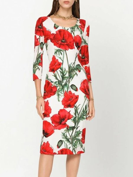 

Midi Regular Fit Floral Crew Neck Elegant Dress, Red, Midi Dresses