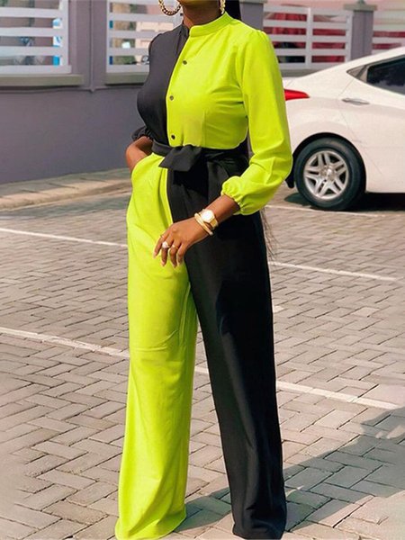 

Color Block Long sleeve Urban Regular Fit Romper, As picture, Jumpsuits