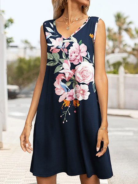 

Floral V Neck Casual Loose Dress, Dark blue, Dresses