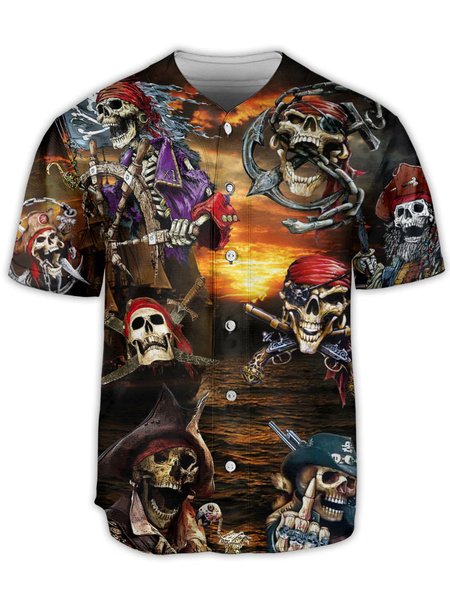 

Pirate Skull Short Sleeve Baseball Shirt, Brown, Baseball Shirts