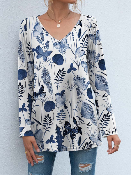 

Floral Loose V Neck Casual T-Shirt, White-blue, T-Shirts