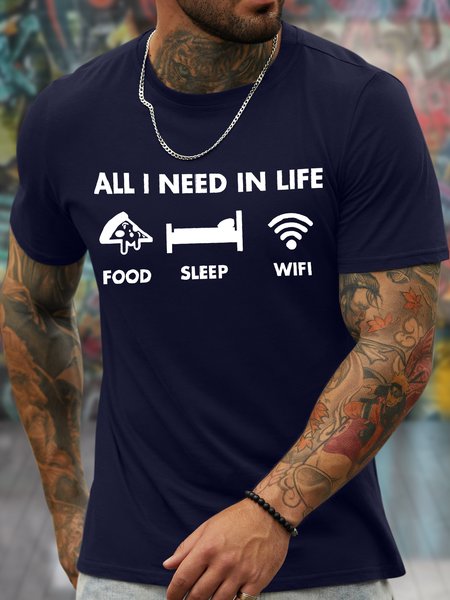 

Men's All I Need In Life Food Sleep And Wifi Funny Graphic Print Loose Text Letters Cotton Casual T-Shirt, Purplish blue, T-shirts