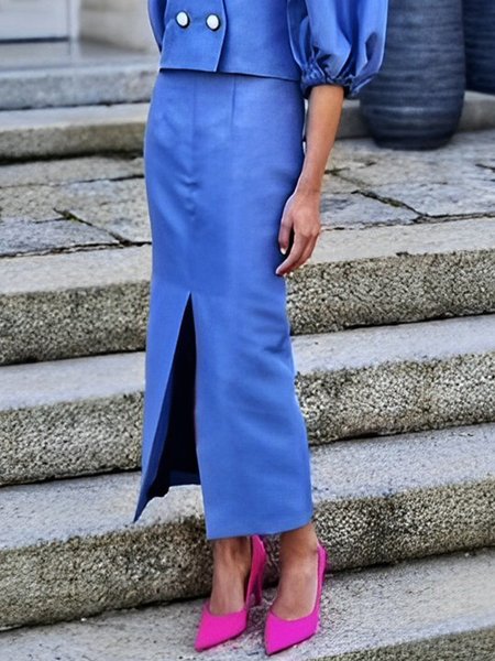 

Elegant Regular Fit Plain Slit Skirt, Blue, Skirts