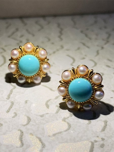 

Vintage Turquoise Pearl Floral Pattern Earrings Everyday Commuter Party Jewelry, Golden, Earrings