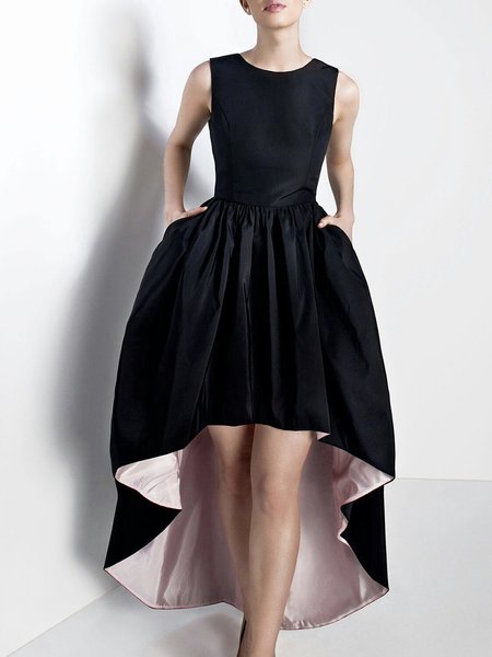

Elegant Crew Neck Satin Regular Fit Party Dress, Black, Midi Dresses