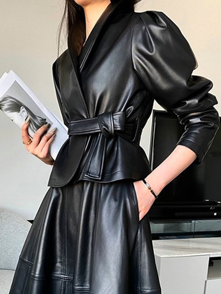 

Plain Elegant Pu Regular Fit Shawl Collar Jacket, Black, Jackets