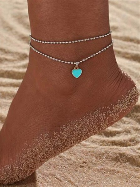 

Boho Vacation Teal Heart Pattern Layered Anklet Beach Jewelry, As picture, Anklets