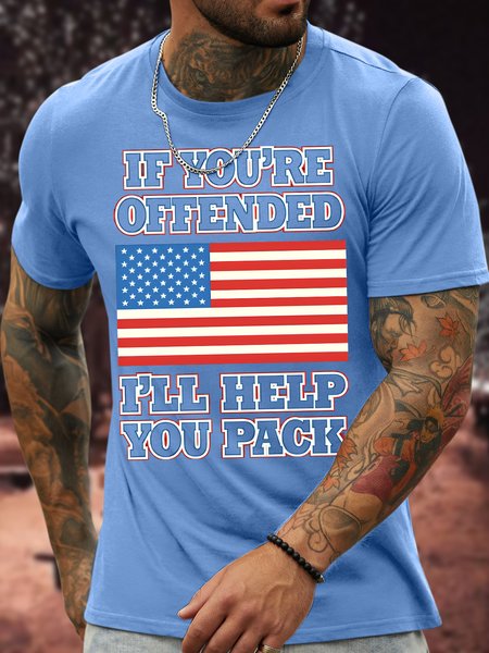 

Men's If You Are Offended I Will Help You Pack Funny American Flag Graphic Print Text Letters Cotton Casual Loose T-Shirt, Blue, T-shirts