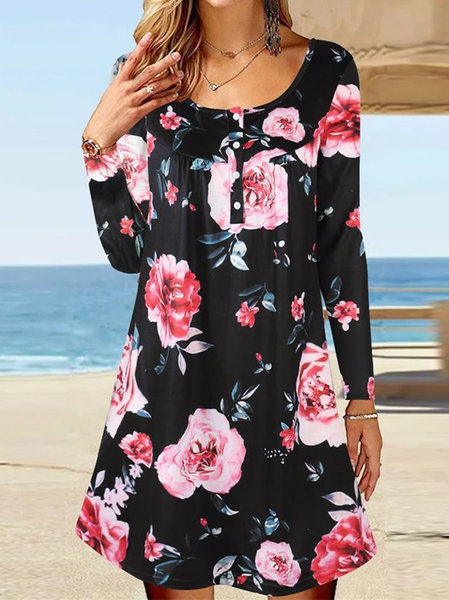 

Buckle Floral Casual Crew Neck Dress, Black, Dresses