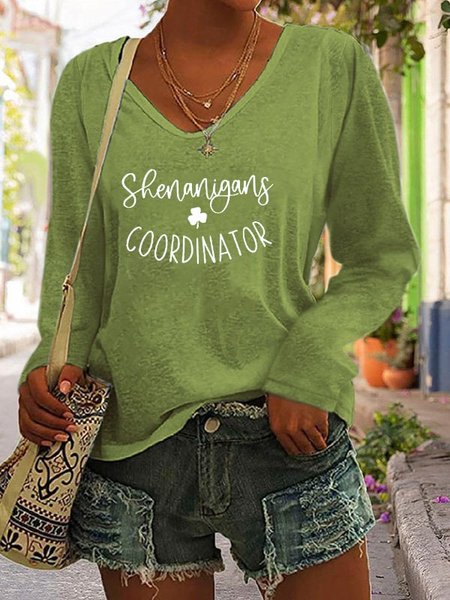 

Cotton-Blend Shamrock Text Letters Casual V Neck T-Shirt, Green, T-Shirts