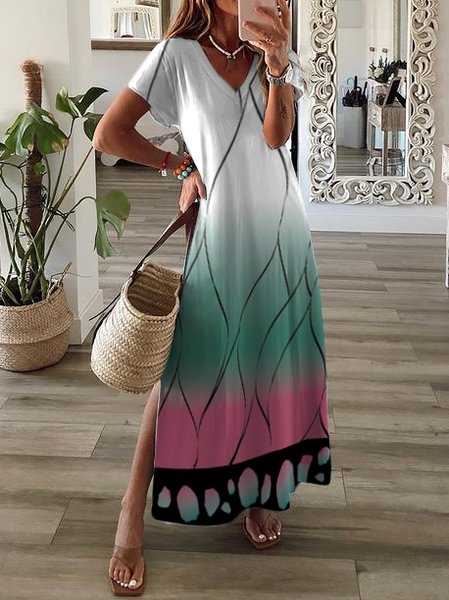 

Loose Ombre V Neck Casual Dress, Multicolor, Dresses