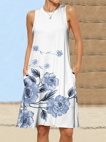 

Crew Neck Casual Floral Loose Dress, White, Dresses
