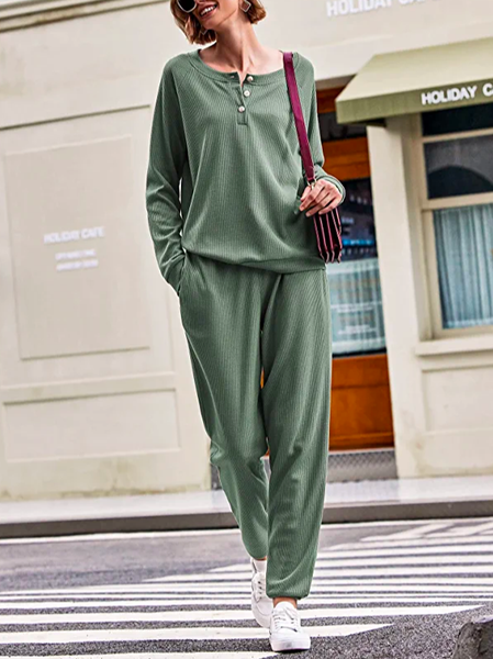 

Casual Plain Crew Neck Two-Piece Set, Green, Suit Set