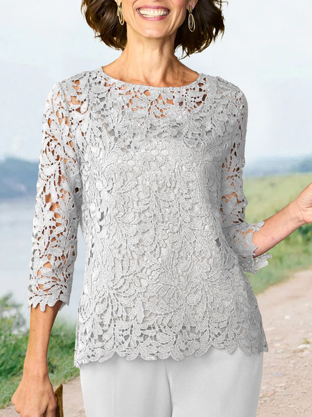 

Crew Neck Plain Loose Vacation Top, Gray, Shirts & Blouses