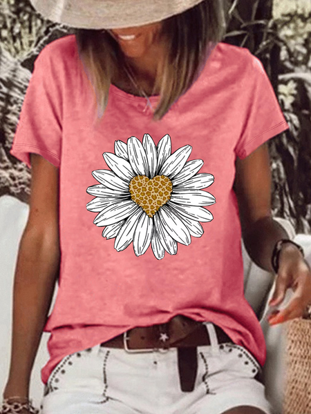 Women's Leopard Print Heart Daisy Graphic Cotton Casual T Shirt