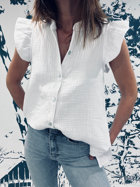 Plain Casual V Neck Cotton And Linen Blouse, White, Blouses & Shirts