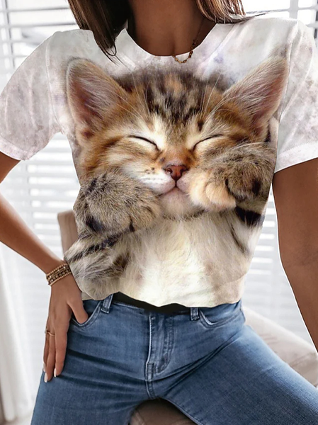 

Casual Crew Neck Regular Fit Cat T-Shirt, White, T-Shirts