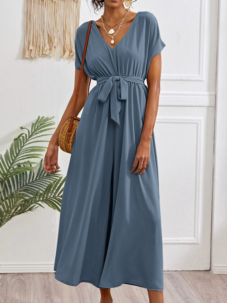

V Neck Plain Casual Loose Dress With Belt, Blue, Dresses